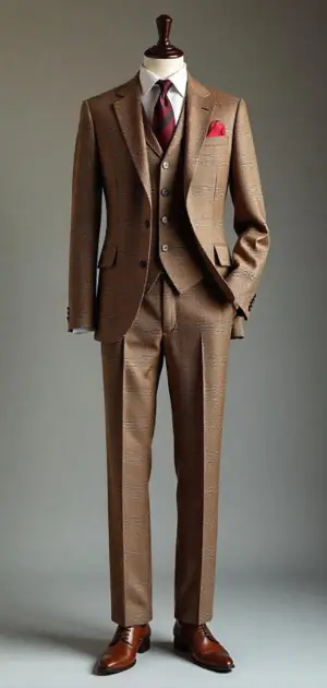 Brown three-piece suit with a red pocket square on a mannequin.