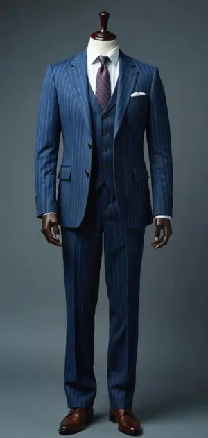 Navy blue pinstripe three-piece suit with a purple tie