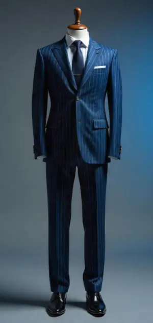 Dark blue pinstripe suit with a navy tie on a mannequin