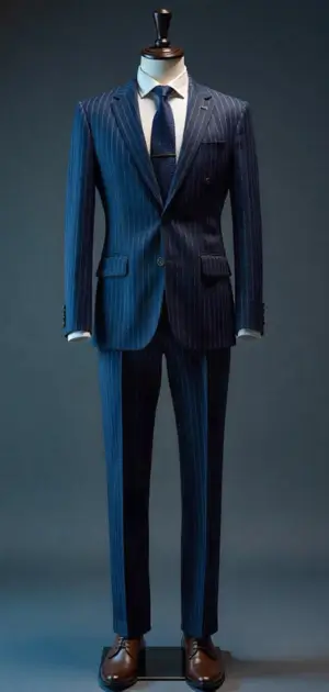 Slim-fit navy pinstripe suit with a matching navy tie