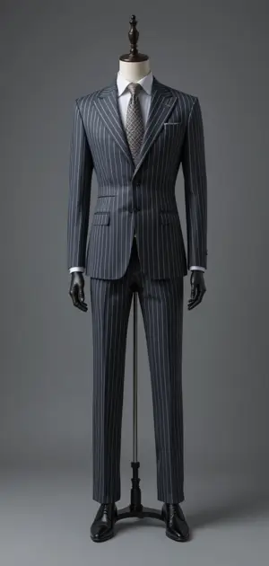 Charcoal grey pinstripe suit with a classic tie.