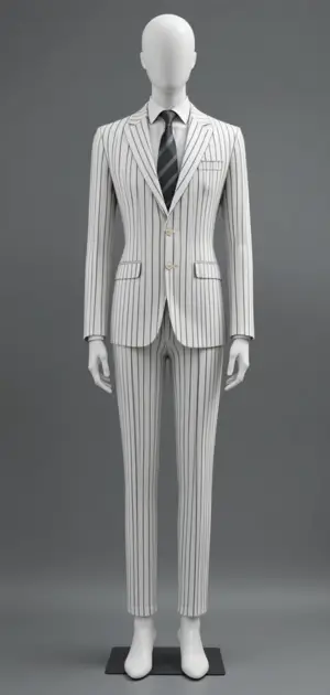 White pinstripe suit with a tailored modern fit.