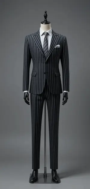 Black pinstripe suit with a sharp, modern fit