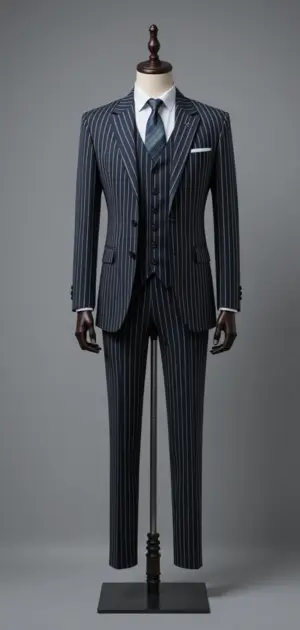 Vibrant blue double-breasted suit with black dress shoes.