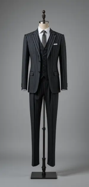 Brown double-breasted suit with an orange tie and pocket square