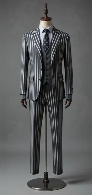 Light grey double-breasted suit with a striped tie