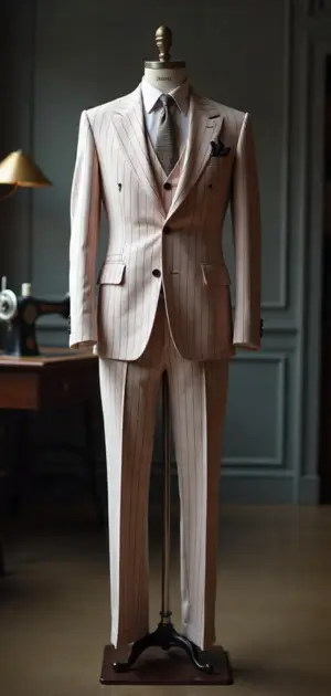 Beige pinstripe suit with a vintage-inspired design on a mannequin