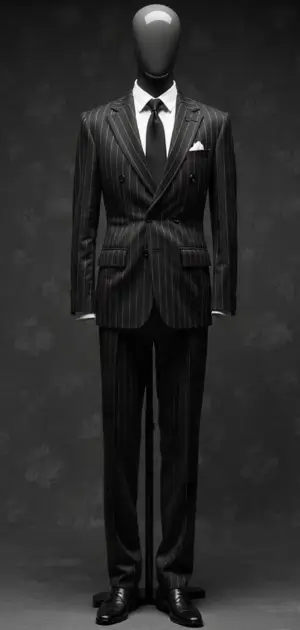 Black pinstriped double-breasted suit with a formal structure on a mannequin.