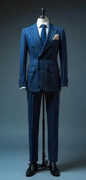 Blue pinstriped double-breasted suit with a bold pattern on a mannequin.