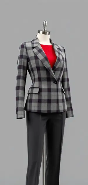 A grey plaid blazer styled with a red top and black trousers