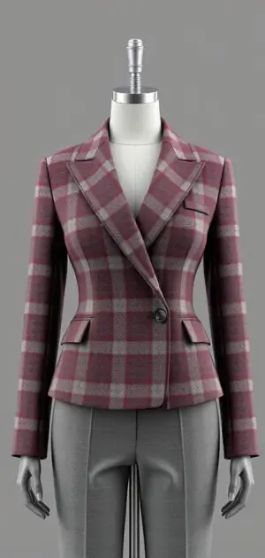fitted burgundy plaid blazer with a structured silhouette