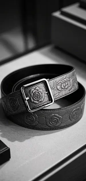 A black leather belt with embossed roses and a silver square buckle
