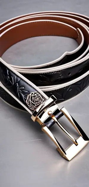 A black leather belt with white trim and a gold floral buckle.