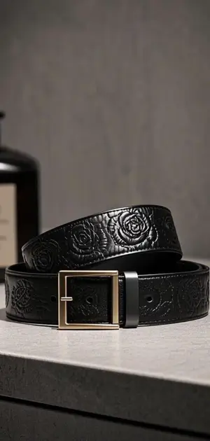 A black leather belt with embossed floral patterns and a gold buckle