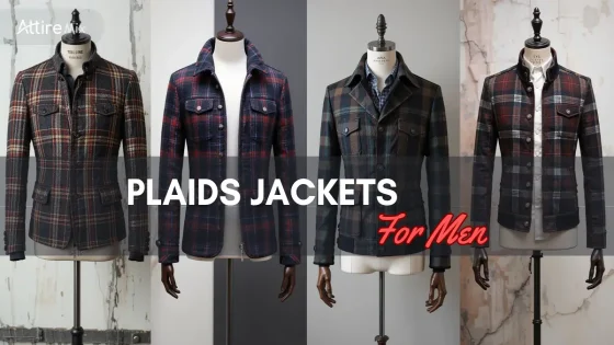 A set of men's plaid jackets with different designs are displayed on mannequins.