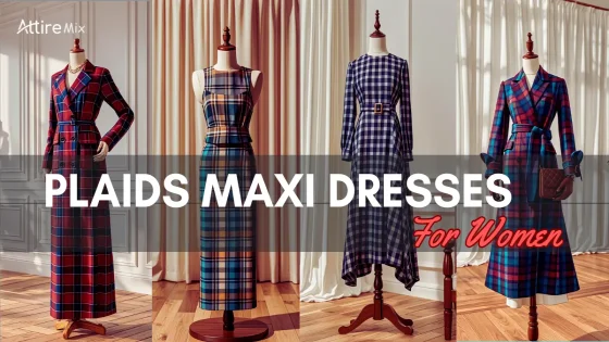 Women wearing a plaid maxi dress outdoors.