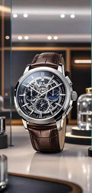 Black skeleton dial wristwatch with a brown leather strap in a luxury boutique.