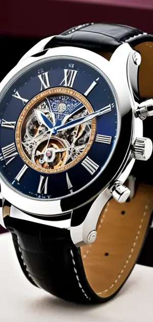 Silver and blue wristwatch with a skeleton dial and Roman numerals