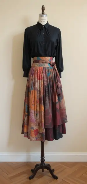 Mannequin in vibrant polyester skirt and black button-up blouse.