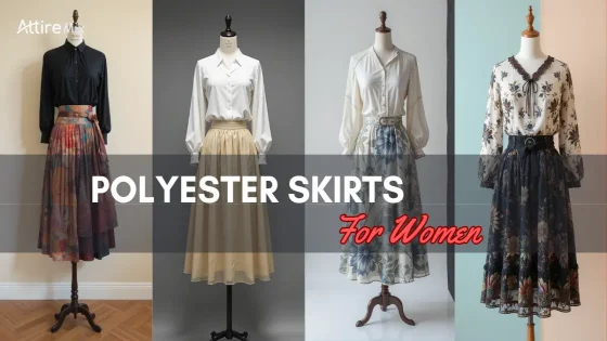 Four polyester skirts with different blouse pairings for women.
