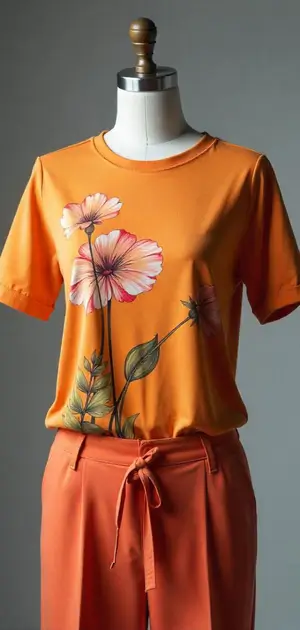 Orange floral-printed polyester T-shirt styled with matching trousers