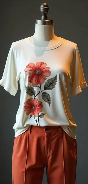 White polyester T-shirt with large red flowers, paired with orange trousers.