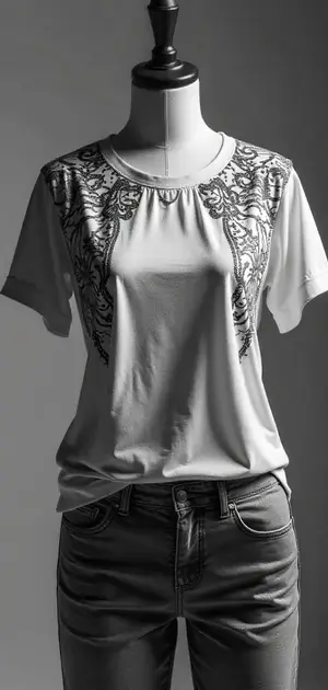 Black and white embroidered polyester T-shirt with intricate patterns