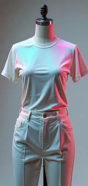 White polyester T-shirt styled with matching white trousers