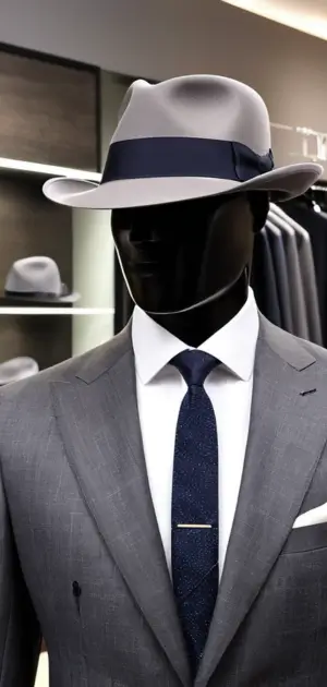 A grey fedora with a navy ribbon on a faceless mannequin