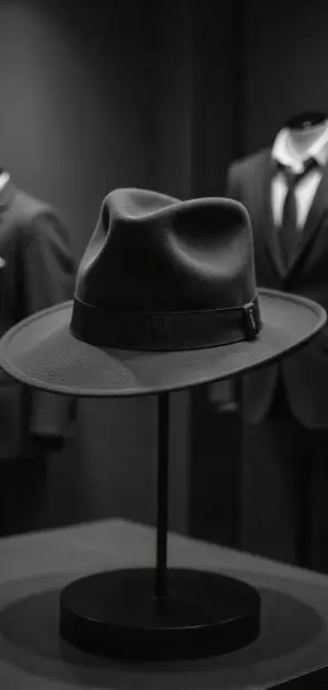 A black and white image of a formal fedora on a stand.
