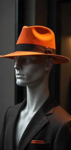 A bold orange fedora with a black ribbon on a mannequin.