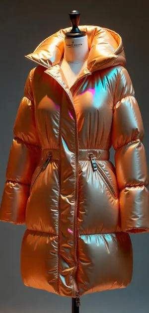 Iridescent orange puffer coat with a metallic sheen