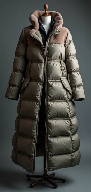 Long olive-green puffer coat with a fur-lined collar