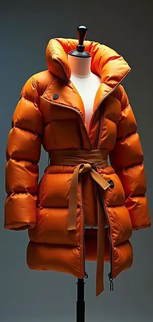 Orange puffer coat with a belted waist