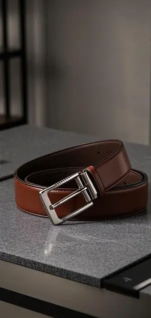 brown leather belt with a silver buckle, placed on a dark counter