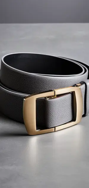 A textured gray leather belt with a gold buckle