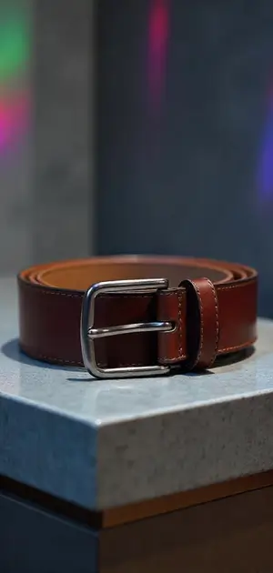 A brown leather belt with a silver buckle under colorful lighting.