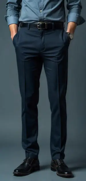 Man in navy trousers with a dark blue dress shirt and black shoes
