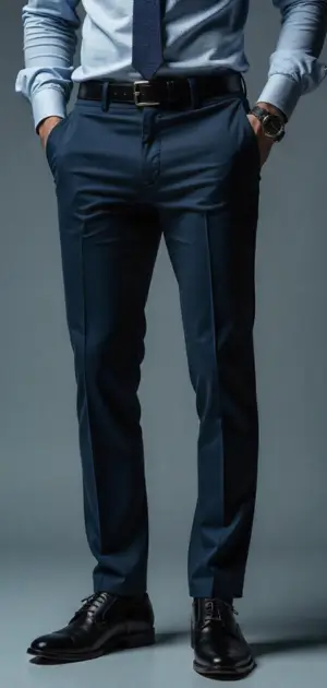 Man in navy blue dress trousers with a light blue dress shirt and tie.