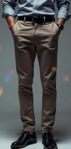 Man in brown chinos with a striped dress shirt and black shoes.
