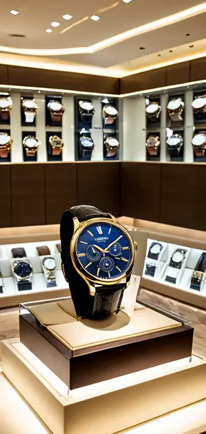 Blue and gold wristwatch displayed on a pedestal in a luxury watch store
