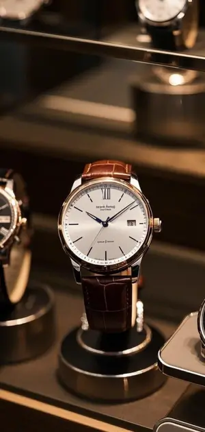 Silver wristwatch with a white dial and brown leather strap in a luxury boutique