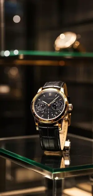 Black and gold wristwatch with a chronograph displayed on a glass shelf.