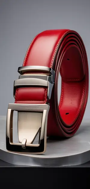 Glossy red leather belt with a modern silver buckle.
