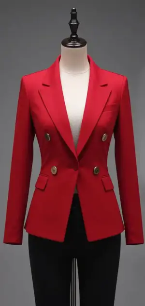 structured red double-breasted blazer with gold buttons