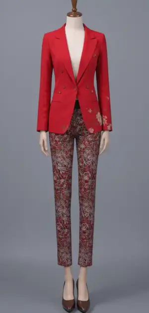red blazer paired with patterned floral trousers
