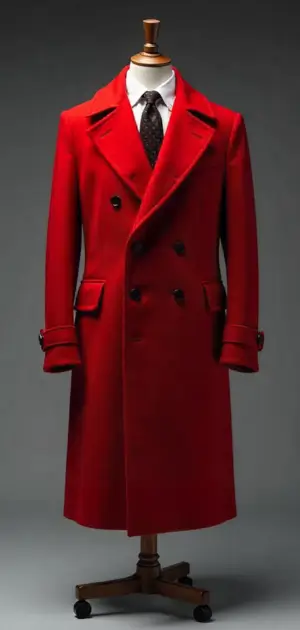 A vintage-inspired red overcoat with wide peak lapels and structured shoulders.