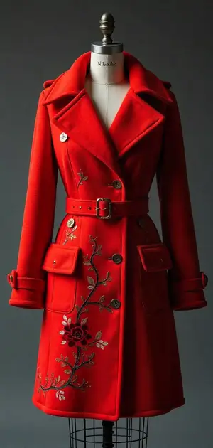 Fiery red embroidered trench coat with a belted waist.