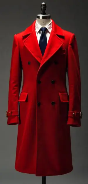 A structured red double-breasted overcoat with gold button details