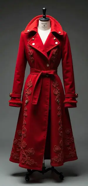 Long red embroidered coat with gold button details.